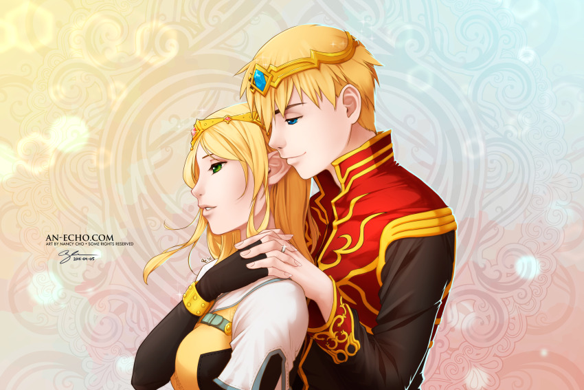 1boy 1girl artist_name artist_self-insert black_coat black_gloves blonde_hair blue_eyes blue_gemstone brown_shirt closed_mouth coat commentary completion_time couple dated dated_commentary diadem elbow_gloves english_commentary fingerless_gloves fingernails gem gloves gold_trim green_eyes heart hetero highres holding_hands hunter_(ragnarok_online) jacket jewelry long_hair long_sleeves looking_afar multicolored_coat nancy_teeple photoshop_(medium) pink_gemstone pointy_ears priest_(ragnarok_online) ragnarok_online red_coat ring shirt short_hair short_sleeves signature smile two-tone_coat upper_body white_jacket