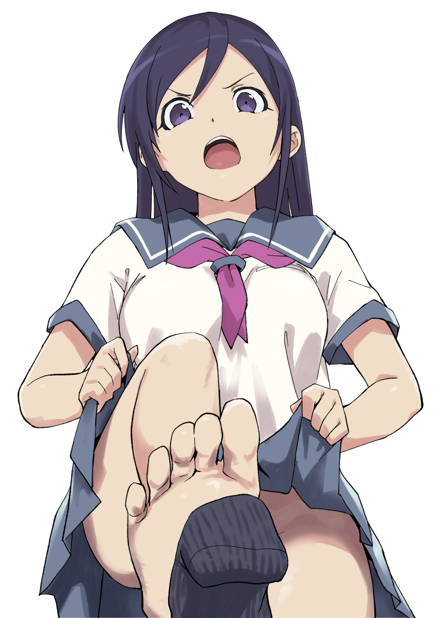 1girl absurdres arado_balanga_(xchd7538) aragaki_ayase barefoot clothes_lift feet footjob highres long_hair looking_at_viewer open_mouth ore_no_imouto_ga_konna_ni_kawaii_wake_ga_nai school_uniform serafuku single_sock skirt skirt_lift sock_on_penis sockjob socks soles toes unworn_socks