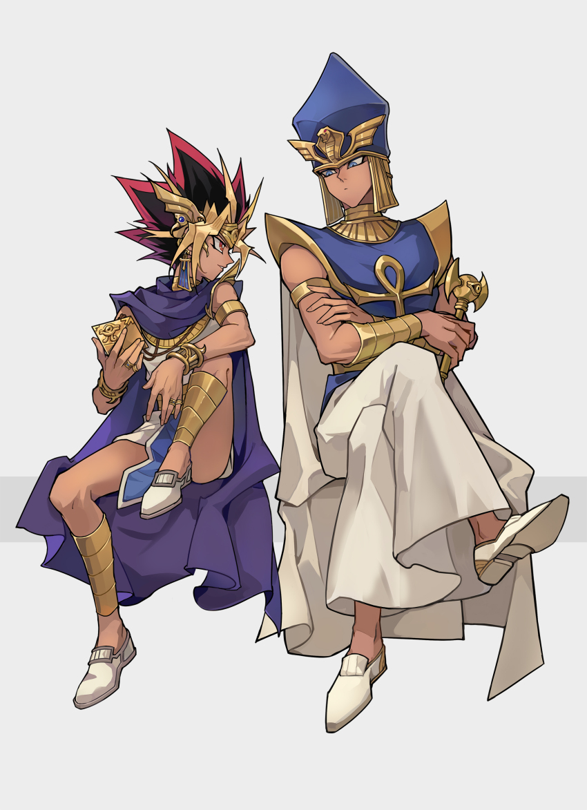 2boys absurdres ancient_egyptian ancient_egyptian_clothes ankh anklet arm_on_knee armlet atem blonde_hair blue_eyes blue_hat blue_shirt bracelet cape circlet closed_mouth crossed_arms crossed_legs colored_bangs eye_of_horus full_body gold_anklet gold_armlet gold_bracelet gold_circlet grey_background hat highres jewelry jingshen_fensui knee_up looking_at_another male_focus millennium_necklace millennium_puzzle millennium_rod multicolored_hair multiple_boys pharaoh priest_seto purple_cape red_eyes red_hair robe saka_nagiya shendyt shirt simple_background sitting spiked_hair white_footwear white_robe yu-gi-oh! yu-gi-oh!_duel_monsters