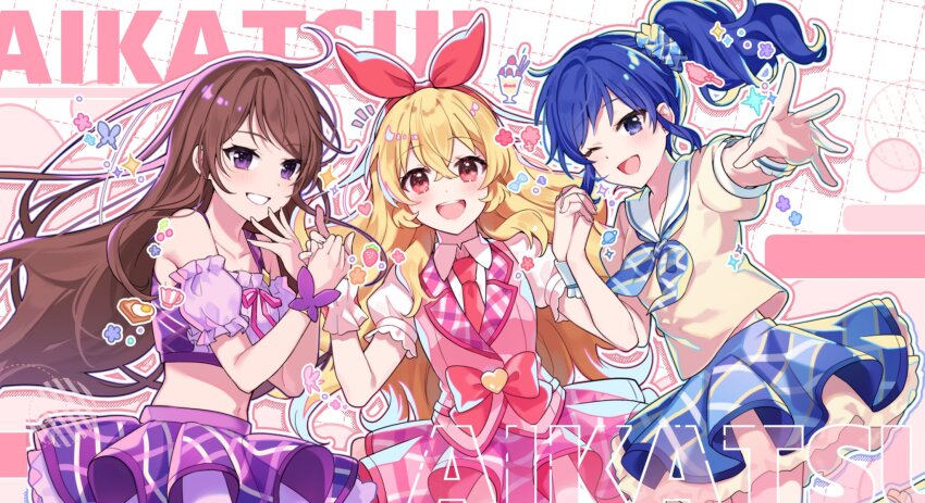 3girls :d aikatsu! aikatsu!_(series) bare_shoulders blonde_hair blue_hair blue_neckerchief blue_scrunchie blue_skirt bow bow_hairband brown_hair collared_shirt copyright_name cowboy_shot cropped_shirt crossed_bangs detached_sleeves dot_nose frilled_cuffs frilled_shirt frilled_sleeves frills grin hair_between_eyes hair_bow hair_ornament hair_scrunchie hairband hands_up hashtag-only_commentary highres holding_hands hoshimiya_ichigo idol idol_clothes jiu_(jiwoo_owo9) kiriya_aoi lapels light_blush long_hair looking_at_viewer midriff midriff_peek miniskirt multiple_girls navel neckerchief necktie notched_lapels one_eye_closed open_mouth outline pink_bow pink_vest plaid_clothes plaid_skirt puffy_short_sleeves puffy_sleeves purple_eyes purple_shirt purple_skirt purple_sleeves reaching reaching_towards_viewer red_bow red_eyes red_hairband red_necktie sailor_collar scrunchie shibuki_ran shirt short_sleeves sidelocks skirt smile standing straight_hair teeth upper_teeth_only vest white_outline white_sailor_collar white_wrist_cuffs wrist_cuffs yellow_shirt