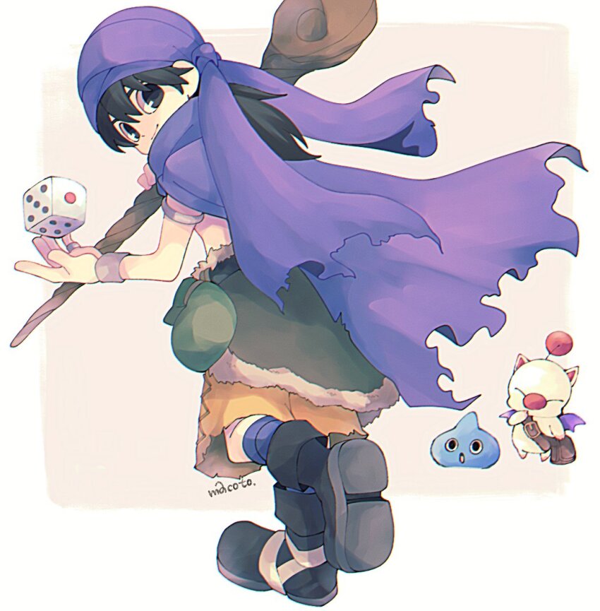 1boy 29qmatatavi armlet bag belt_buckle black_eyes black_footwear black_hair blue_socks boots bracelet buckle cape cloak closed_mouth commentary_request dice dragon_quest dragon_quest_v final_fantasy from_behind full_body hair_between_eyes hero_(dq5) holding holding_staff itadaki_street jewelry long_hair looking_at_viewer looking_back low_ponytail moogle ponytail purple_cape purple_cloak purple_turban ring shoulder_bag slime_(dragon_quest) smile socks staff turban walking