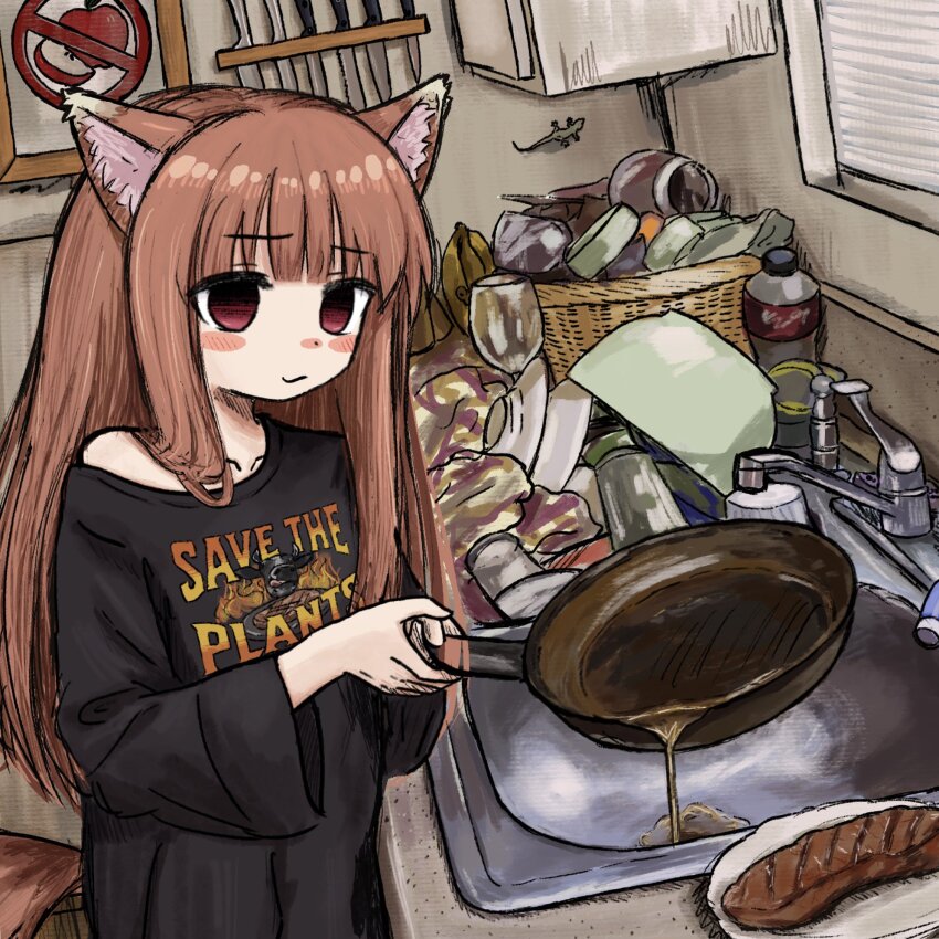 1girl alternate_costume animal_ear_fluff animal_ears black_shirt blank_eyes blush_stickers brown_hair bubbacterial closed_mouth clothes_writing collarbone cowboy_shot dishes dishwashing drawing_(object) english_text food frying_pan hands_up highres holding holding_frying_pan holo indoors kitchen knife light_smile lizard long_hair long_sleeves no_symbol off_shoulder print_shirt red_eyes shirt single_bare_shoulder sink solo spice_and_wolf standing steak t-shirt tail wide_sleeves wolf_ears wolf_girl wolf_tail