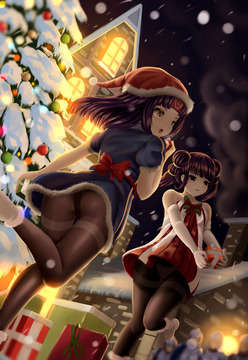 2girls absurdres alternate_costume armor ass back_bow bare_shoulders black_pantyhose blue_dress blurry bokeh bow box chest_bow chimney christmas christmas_ornaments christmas_tree commission crowd depth_of_field dkoro dress dutch_angle elbow_gloves embarrassed faceless feet_out_of_frame fire_emblem fire_emblem:_path_of_radiance fire_emblem:_the_sacred_stones flat_chest from_behind from_below fur-trimmed_dress fur_trim gift gift_box gloves hair_tie hand_up hat helmet highres holding house huge_filesize light_particles light_smile long_hair looking_at_another looking_to_the_side medium_hair mob_face multi-tied_hair multiple_girls myrrh_(fire_emblem) night night_sky nintendo open_mouth outdoors pale_skin pantyhose parted_lips people pom_pom_(clothes) pout purple_hair red_dress red_eyes red_headwear red_ribbon ribbon sanaki_kirsch_altina santa_costume santa_hat short_dress short_sleeves sky sleeveless snow snowflakes snowing soldier standing standing_on_one_leg strapless strapless_dress twintails v_arms white_footwear white_gloves wind wind_lift winter yellow_eyes