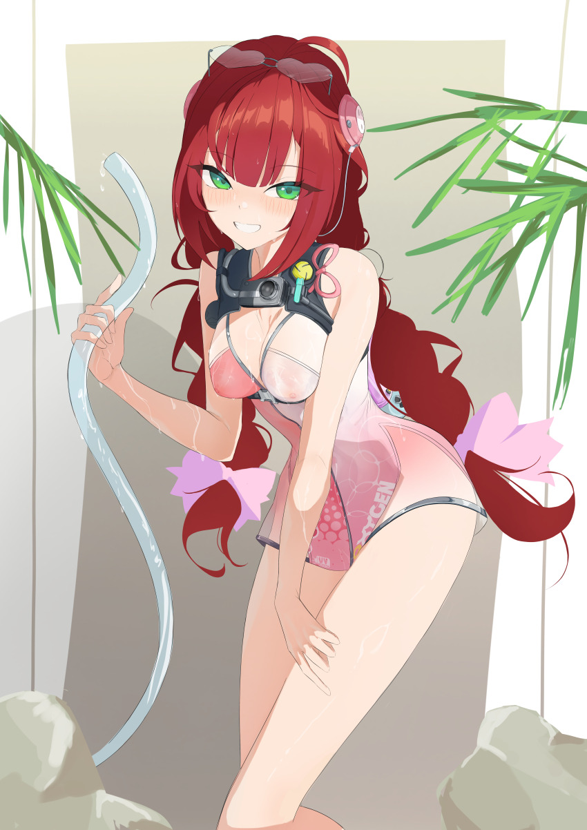 1girl absurdres bare_legs bare_shoulders blush bow braid braided_twintails breasts cleavage commentary covered_erect_nipples english_commentary eyewear_on_head gradient-tinted_eyewear green_eyes grin hair_bow hair_ornament highres holding holding_hose hose long_hair looking_at_viewer medium_breasts nipples one-piece_swimsuit pink_bow pink_one-piece_swimsuit red_hair see-through_clothes see-through_one-piece_swimsuit skaiimi smile solo standing sunglasses swimsuit tinted_eyewear twintails two-tone_one-piece_swimsuit ukinami_yuzuha ukinami_yuzuha_(tanuki_in_broad_daylight) very_long_hair white_one-piece_swimsuit zenless_zone_zero