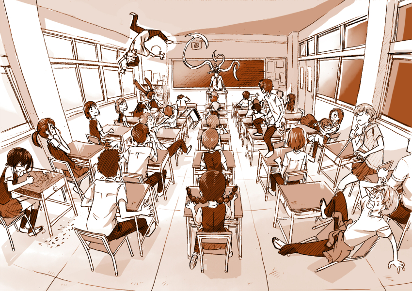 akazawa_izumi another ayano_aya braid bungo chalkboard classroom desk fujimaki_naomi indoors kakinuma_sayuri kaneki_kyouko kazami_tomohiko kiseijuu kubodera_shouji matsui_aki misaki_mei mizuno_takeru mochizuki_yuuya monochrome multiple_boys multiple_girls nakao_junta ogura_yumi ouji_makoto parody sakakibara_kouichi saruta_noboru satou_kazue school school_desk school_uniform sugiura_takako tatara_megumi teshigawara_naoya tsujii_yukito twin_braids twintails undressing watanabe_san yamashita_bungo