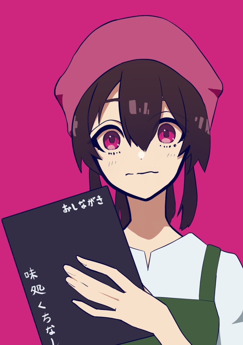 1girl apron blush brown_hair closed_mouth commentary_request green_apron hair_between_eyes hand_up headscarf highres holding holding_menu kuchibeta_shokudou kuchinashi_hiyono lagb long_hair looking_at_viewer menu nervous purple_background purple_eyes purple_headscarf purple_theme sanpaku shirt simple_background solo tenugui upper_body waitress wavy_mouth white_shirt wide-eyed