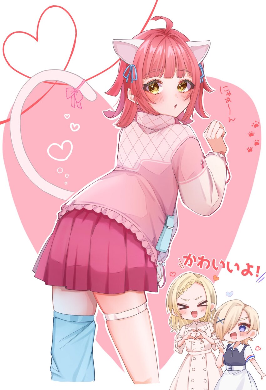 &gt;_&lt; 3girls :o ahoge animal_ears asymmetrical_legwear blonde_hair blue_eyes blue_ribbon blunt_bangs blunt_ends bow braid cat_ears cat_tail ear_ribbon from_behind heart heart_background heart_of_string highres jacket looking_back love_live! love_live!_nijigasaki_high_school_idol_club medium_hair mia_taylor miyashita_ai multiple_girls osora_dao paw_pose paw_print paw_print_background pink_hair pink_jacket pink_skirt pleated_skirt ribbon skirt solo_focus tail tail_bow tail_ornament tennoji_rina thigh_strap yellow_eyes