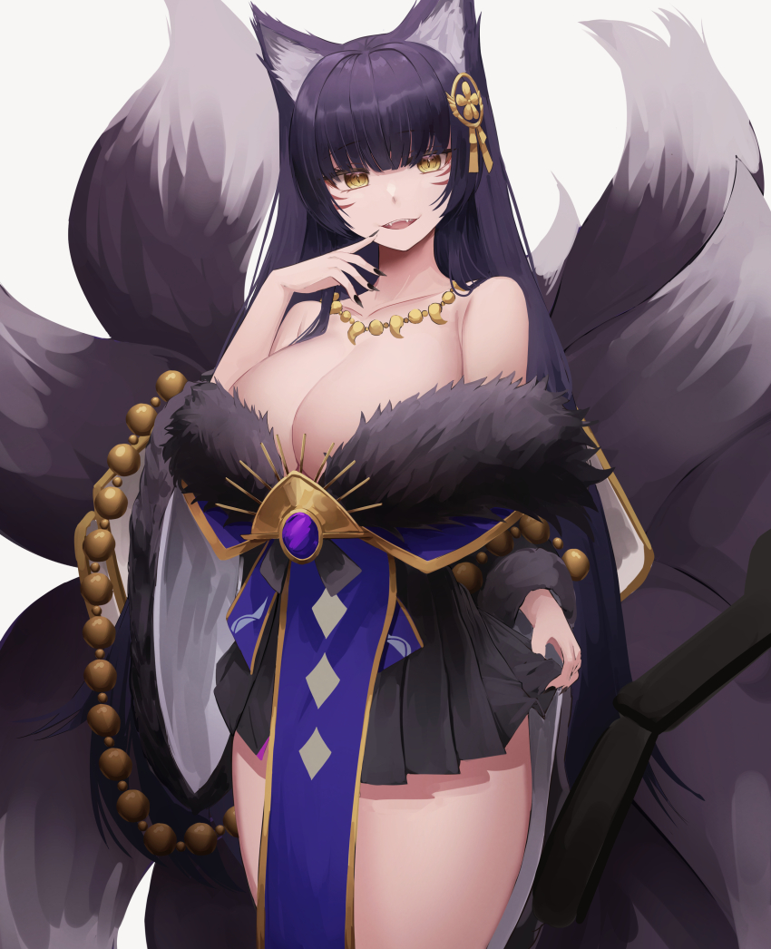 1girl absurdres animal_ear_fluff animal_ears azur_lane bare_shoulders beads breasts cleavage collarbone cowboy_shot facial_mark fangs fingernails fox_ears fox_girl fox_tail fur_trim gem highres huge_breasts jewelry kitsune kyuubi long_hair looking_at_viewer magatama magatama_necklace mea_(hwaksal) multiple_tails musashi_(azur_lane) nail_polish necklace open_mouth prayer_beads purple_gemstone purple_hair purple_tail sharp_fingernails skirt_under_kimono slit_pupils solo tail very_long_hair whisker_markings yellow_eyes