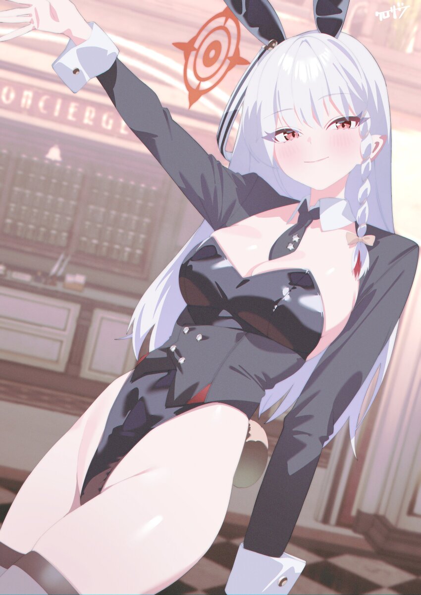 1girl absurdres blue_archive blush breasts cleavage halo haruna_(blue_archive) highres kurozawa_yui long_hair long_sleeves looking_at_viewer medium_breasts playboy_bunny red_eyes smile solo white_hair