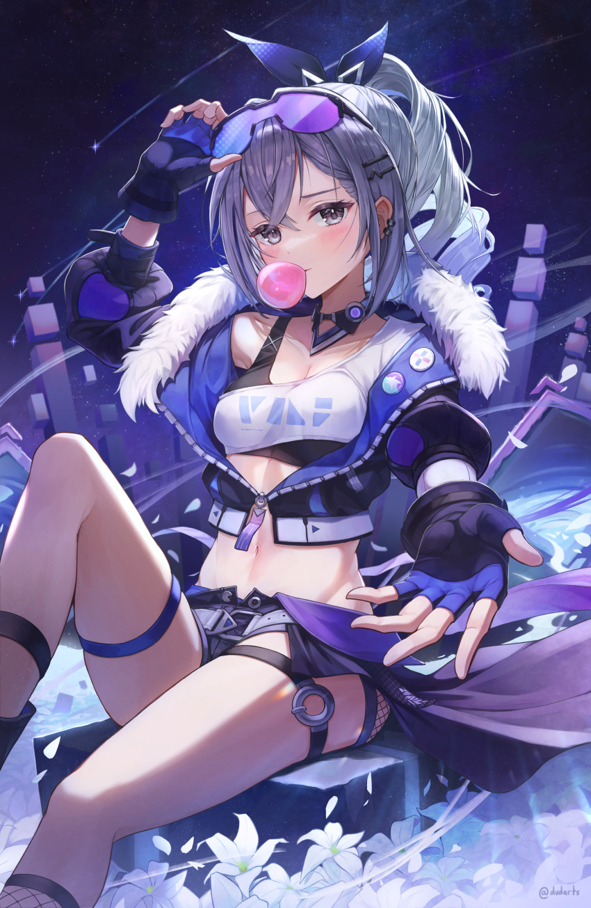 1girl absurdres black_gloves black_jacket black_shorts blue_eyes breasts blowing_bubbles chewing_gum cleavage collarbone crop_top crossed_bangs drill_hair drill_ponytail dvdarts eyewear_on_head fingerless_gloves fur-trimmed_jacket fur_trim gloves goggles goggles_on_head gradient-tinted_eyewear grey_eyes grey_hair hair_between_eyes highres honkai:_star_rail honkai_(series) jacket long_hair long_sleeves looking_at_viewer medium_breasts midriff navel night night_sky purple-tinted_eyewear reaching reaching_towards_viewer shirt shooting_star short_shorts shorts silver_wolf_(honkai:_star_rail) single-shoulder_shirt single_drill sitting sky solo thigh_strap tinted_eyewear white_shirt