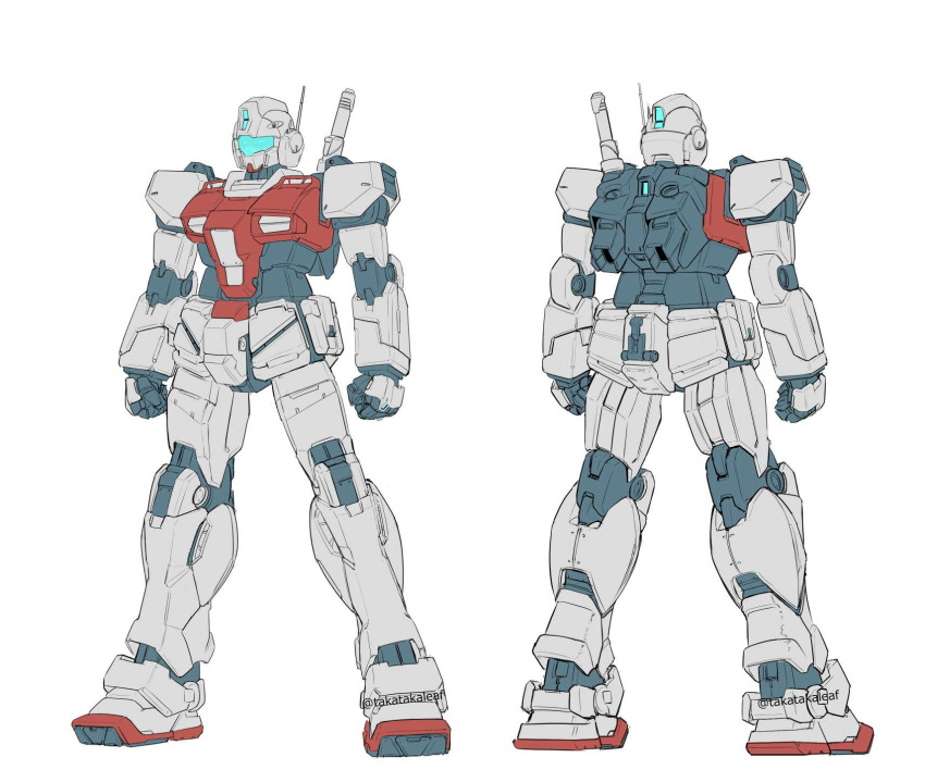 antennae assault_visor energy_sword front_and_back gm_(mobile_suit) gundam head_vulcanguns highres holding holding_weapon humanoid_robot machinery mecha mecha_focus mechanical_arms mechanical_hands mechanical_legs mobile_suit mobile_suit_gundam no_humans original radio_antenna redesign robot science_fiction simple_background standing sword takaba_akinori thrusters twitter_username watermark weapon white_background