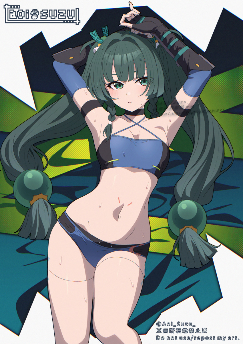 1girl alternate_costume android aoi_suzu arms_up bandana black_gloves blue_bandana blue_shorts body_markings breasts cleavage commentary_request cowboy_shot fingerless_gloves gloves green_eyes green_hair green_ribbon hair_intakes hair_ribbon highres looking_at_viewer mechanical_legs midriff navel parted_lips qingyi_(zenless_zone_zero) ribbon shorts small_breasts solo stomach sweat twintails zenless_zone_zero