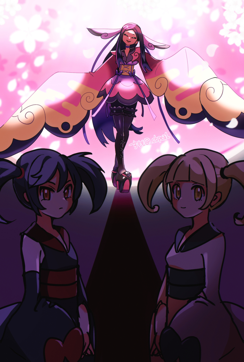 3girls black_hair blonde_hair cbpea1 detached_sleeves furisode furisode_girl_(pokemon) furisode_girl_kali furisode_girl_katherine high_heels highres japanese_clothes kimono long_hair multiple_girls nintendo pink_kimono pokemon pokemon_xy sleeves_past_fingers sleeves_past_wrists valerie_(pokemon)