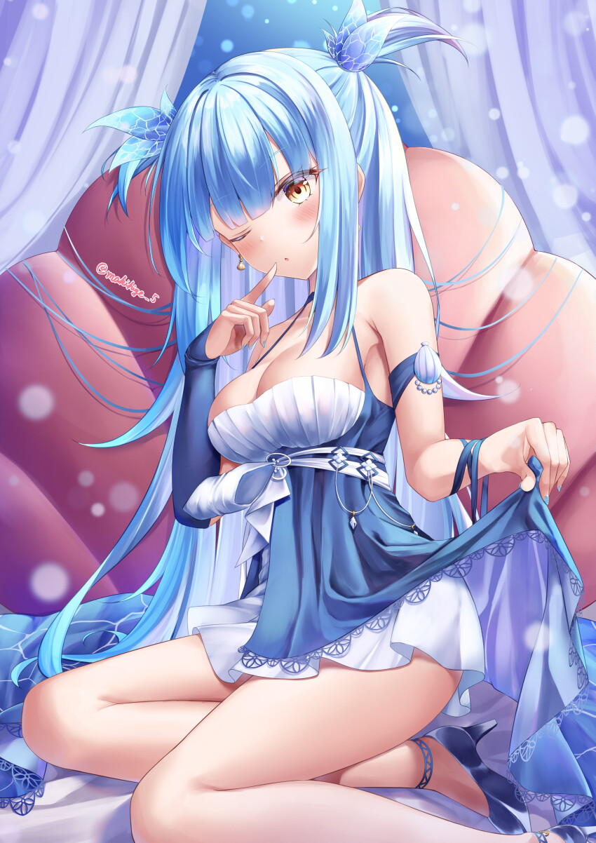 1girl absurdres ankle_strap apron artist_name azur_lane bare_shoulders blue_apron blue_dress blue_gloves blue_hair blue_shoes breasts bridal_gauntlets cleavage commentary_request dress earrings elbow_gloves foot_out_of_frame gloves halter_dress halterneck high_heels highres jewelry long_hair looking_at_viewer makihige neptune_(azur_lane) neptune_(nereid&#039;s_invitation)_(azur_lane) official_alternate_costume one_eye_closed shell shell_earrings shoes single_bridal_gauntlet skirt_hold solo taut_clothes taut_dress two-tone_dress very_long_hair yellow_eyes