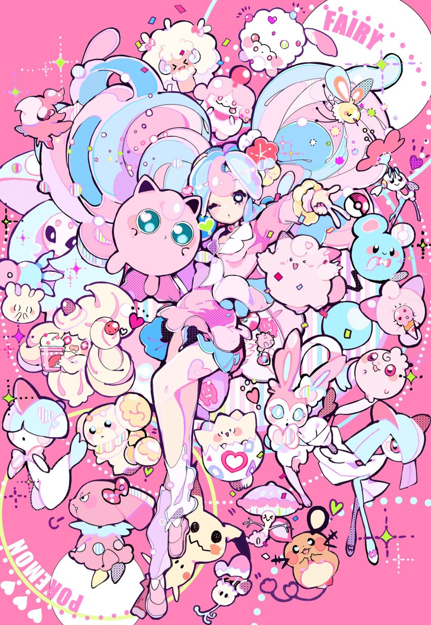 &gt;_&lt; 1girl absurdly_detailed_composition absurdres alcremie alcremie_(strawberry_sweet) alcremie_(vanilla_cream) alternate_color aqua_hair azurill bag bag_charm blue_hair blush breasts charm_(object) clefairy cleffa closed_eyes commentary confetti cutiefly dedenne fairy_miku_(project_voltage) fidough floette floette_(red_flower) full_body gen_1_pokemon gen_2_pokemon gen_3_pokemon gen_5_pokemon gen_6_pokemon gen_7_pokemon gen_8_pokemon gyaru hatsune_miku hatterene heart heart-shaped_pupils highres holding igglybuff kirlia long_hair looking_at_viewer milcery mimikyu morelull multicolored_hair n79oqc3yja6jlof nail_polish nintendo one_eye_closed open_mouth pink_background pink_hair pink_sweater poke_ball poke_ball_(basic) pokemon pokemon_(creature) project_voltage puff_of_air ralts shiinotic shiny_pokemon skirt slurpuff small_breasts snubbull socks sparkle spritzee sweater swirlix sylveon symbol-shaped_pupils togepi twintails very_long_hair vocaloid w whimsicott white_socks