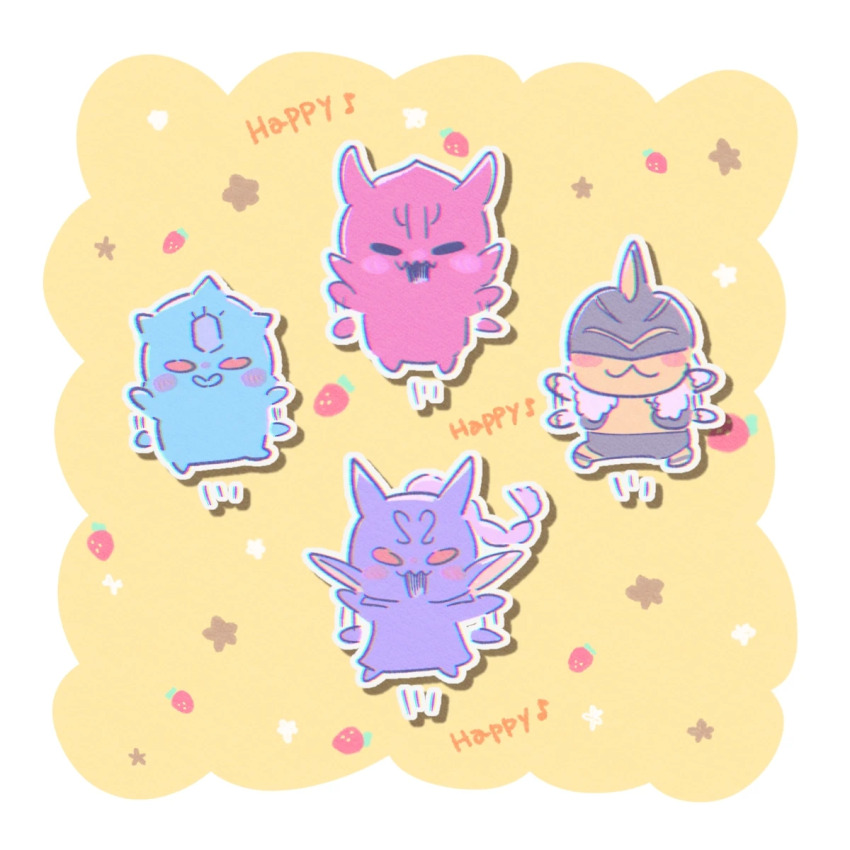 4boys :3 bear chibi dragon english_text food fruit happy happy_happy_happy_cat_(meme) highres jumping kamen_rider kamen_rider_den-o_(series) kintaros male_focus meme momotaros monster monster_boy multiple_boys oni pastel_colors redrawn ryutaros star_(symbol) strawberry tokanu turtle urataros waving_arms