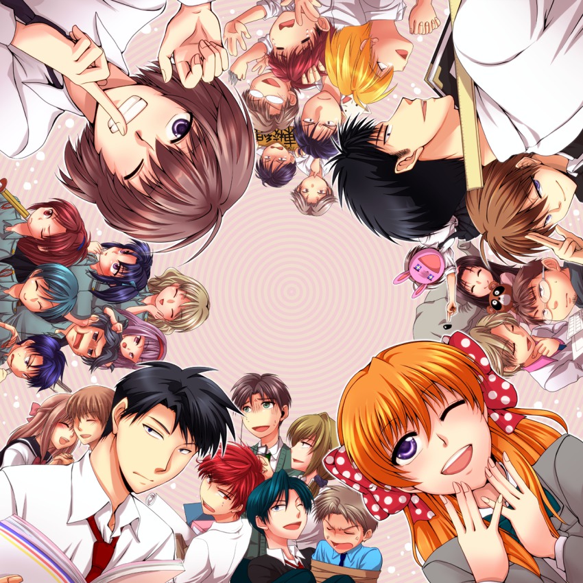 10s 6+boys 6+girls ayabe_reito bad_id bad_pixiv_id black_hair blonde_hair book bound bow brown_hair cat creator_connection crossover elephant gekkan_shoujo_nozaki-kun hair_bow hanabusa_miyabi hayasaka_(oresama_teacher) hayasaka_kaori_(oresama_teacher) highres hori_masayuki houjou_wakana kashima_yuu kousaka_shuntarou kurosaki_mafuyu long_hair maeno_mitsuya mamiko_(koi_shiyou!) mask mikoshiba_mikoto miyako_yukari miyamae_ken momochi_runa multiple_boys multiple_girls multiple_persona necktie nonoguchi_kanon nozaki_umetarou okegawa_kyoutarou one_eye_closed oresama_teacher palast polka_dot polka_dot_bow purple_hair red_hair ribbon saeki_takaomi sakura_chiyo school_uniform seo_yuzuki shibuya_aki shinai short_hair shuriken smile suzuki_saburou_(koi_shiyou!) sword tanuki tied_up_(nonsexual) wakamatsu_hirotaka weapon wink yui_shinobu yukioka_komari