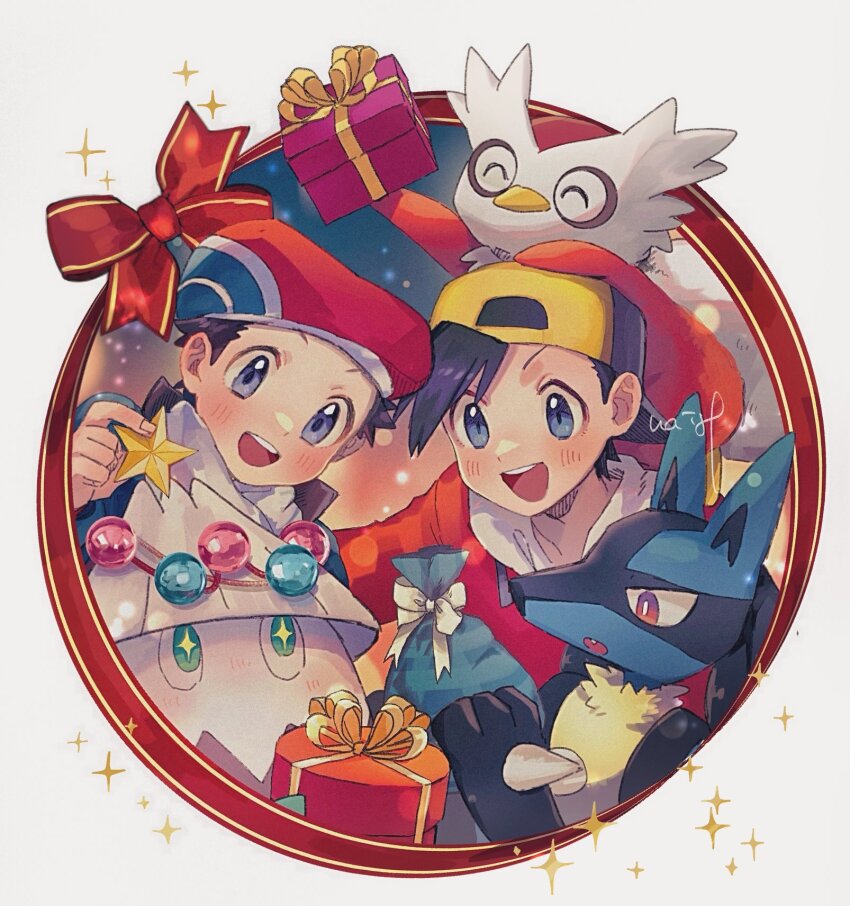 2boys :d backwards_hat baseball_cap beret blush border commentary delibird ethan_(pokemon) game_freak gen_2_pokemon gen_4_pokemon gift grey_eyes hanenbo happy hat highres holding lucario lucas_(pokemon) male_focus multiple_boys nintendo open_mouth pokemon pokemon_(creature) pokemon_dppt pokemon_hgss pokemon_platinum red_headwear ribbon short_hair signature smile snover sparkle symbol-only_commentary teeth tongue upper_teeth_only white_border
