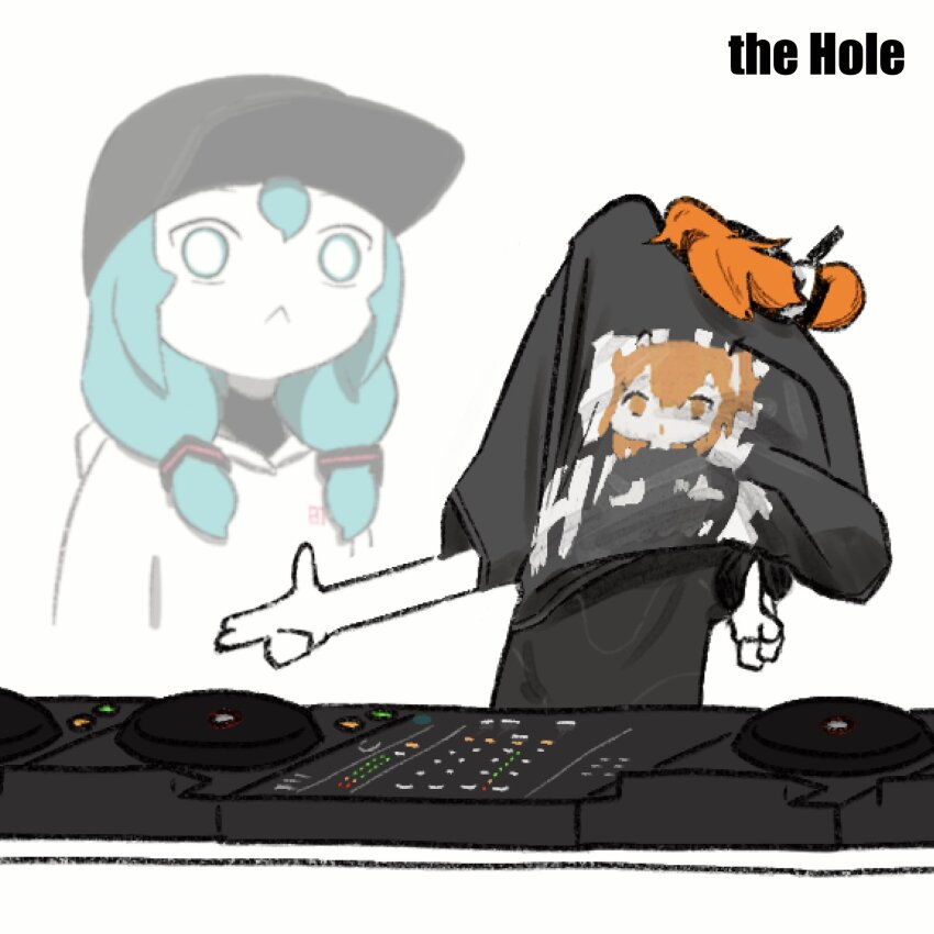 2girls :&lt; a.i._voice adachi_rei alternate_costume baseball_cap blue_hair covered_face dj double_finger_gun failure finger_gun hair_over_shoulder hat hatsune_miku highres hood hood_down hoodie leaning_back long_hair low_twintails merchandise mixing_console multiple_girls orange_hair outstretched_arms phonograph photo-referenced projected_inset r-906 shirt_over_head short_sleeves simple_background song_name standing the_hole_(utau) turntable twintails utau vocaloid white_hoodie