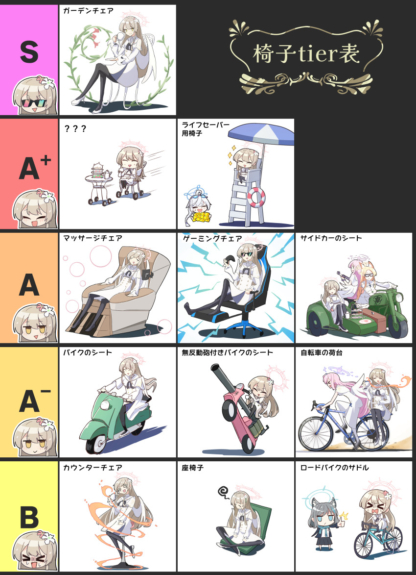 &gt;_&lt; 5girls ? ?? @_@ ^^^ ^_^ absurdres animal_ears beach_umbrella bicycle black_pantyhose blonde_hair blue_archive blue_eyes blue_halo blush chair chibi closed_eyes closed_mouth coffee_mug commentary_request controller couch crossed_legs cup dress drink driving exhausted flower game_controller gaming_chair goggles goggles_on_head grey_hair gun hair_flower hair_ornament halo high_heels highres holding holding_controller holding_drink holding_game_controller holding_gun holding_saucer holding_weapon jitome kirino_(blue_archive) lifebuoy long_hair long_sleeves looking_at_viewer massage_chair mika_(blue_archive) motion_lines motor_vehicle motorcycle mug multiple_girls nagisa_(blue_archive) no_nose on_chair open_mouth pantyhose partially_translated pink_hair pink_halo plant profile red_halo riding riding_bicycle saddle saucer scooter scribble seia_(blue_archive) shiroko_(blue_archive) shoes sidecar sitting smile sparkle speed_lines sunglasses sweatdrop swim_ring swivel_chair table tanaka_drawing tea teacup thumbs_up tier_list tiered_tray translation_request triangle_mouth umbrella weapon wheel white_dress white_flower white_footwear white_hair white_wings wings yellow_eyes