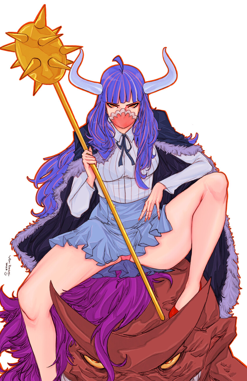 1boy 1girl 2023 absurdres alternate_form artist_name black_cape black_ribbon blue_hair blue_skirt breasts brother_and_sister cape collared_shirt colored_sclera dated dinosaur frown fur_trim highres holding holding_mace holding_weapon horns large_breasts long_hair long_sleeves looking_at_viewer mace mask miniskirt mouth_mask one_piece page_one_(one_piece) panties pink_panties red_footwear red_nails ribbon riding riding_dinosaur shirt siblings simple_background sitting skirt spiked_mace spikes spinosaurus ulti_(one_piece) underwear von_randal weapon white_background white_shirt yellow_eyes yellow_sclera
