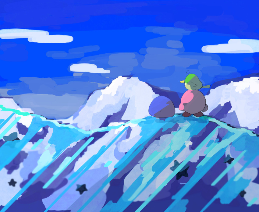 blue_sky gooey_(kirby) ice kirby kirby&#039;s_dream_land_3 kirby_(series) mountain mountainous_horizon nintendo outdoors pitch_(kirby) sky soumenhiyamugi