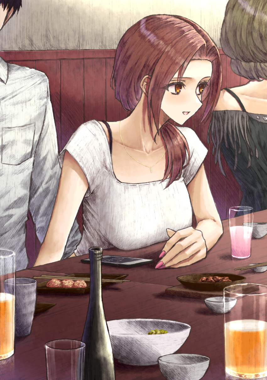 1boy 2girls absurdres alcohol aramachi beer breasts brown_hair collarbone cup drinking_glass fingernails forehead hair_over_shoulder highres idolmaster idolmaster_cinderella_girls kawashima_mizuki large_breasts looking_to_the_side multiple_girls nail_polish restaurant shirt solo_focus takagaki_kaede white_shirt