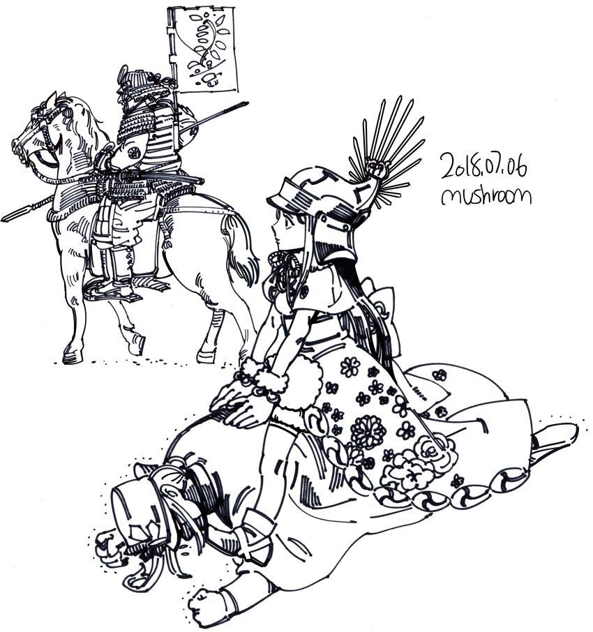 1girl 2boys absurdres all_fours armor artist_name back_bow banner bow cape chacha_(fate) chin_strap closed_mouth commentary dated dress face_down fate/grand_order fate_(series) full_armor full_body gloves greyscale hat helmet highres holding holding_polearm holding_weapon horseback_riding japanese_armor kabuto_(helmet) kepi kusazuri long_hair looking_ahead military_hat monochrome multiple_boys mushroom_(osh320) nobori oda_nobukatsu_(fate) polearm pony_play profile projected_inset riding samurai shoes shoulder_armor sidelocks simple_background sitting sitting_on_person sode spear symbol-only_commentary thighhighs trembling weapon yari