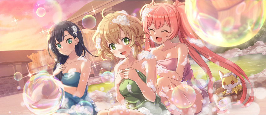 3girls :3 :d ahoge black_hair blonde_hair breasts bucket cielo_(konosuba) cleavage closed_eyes closed_mouth collarbone diagonal_bangs double-parted_bangs erika_(konosuba) furrowed_brow game_cg green_eyes highres kono_subarashii_sekai_ni_shukufuku_wo! konosuba!_fantastic_days large_breasts lia_(konosuba) light_blush light_smile long_hair looking_at_another medium_breasts multiple_girls naked_towel official_alternate_costume official_art onsen open_mouth outdoors parted_bangs pink_hair same-sex_bathing shade shared_bathing short_hair sidelocks single_sidelock sitting small_breasts smile soap soap_bubbles stuffed_animal stuffed_fox stuffed_toy sunset towel twintails very_long_hair washing_another washing_back washing_hair water wavy_hair wooden_bucket wooden_wall