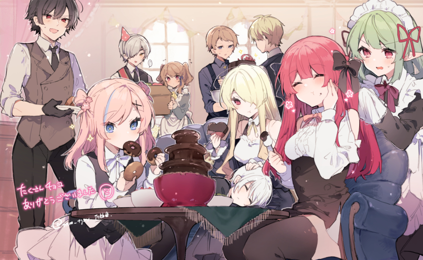 +_+ 5boys 5girls anna_(ikeuchi_tanuma) apron artist_name bare_shoulders black_apron black_bow black_necktie black_vest blonde_hair blue_eyes blue_hair blue_shirt blush bow bowl bowtie box brown_hair cake candy carrying character_request chocolate chocolate_fondue chocolate_fountain chocolate_heart closed_eyes closed_mouth clothing_cutout collared_shirt commentary_request couch curtains doll_joints double_bun donut dress dress_shirt eating edel_(ikeuchi_tanuma) flower food food_in_mouth food_on_face formal_clothes frilled_dress frills gloves green_hair hair_between_eyes hair_bow hair_bun hair_flower hair_ornament hand_on_own_face handkerchief hat heart highres holding holding_cake holding_food holding_handkerchief holding_plate ikeuchi_tanuma joints kneeling lace_trim light_particles long_hair long_sleeves looking_at_another lying_on_lap maid maid_headdress marshmallow multicolored_hair multiple_boys multiple_girls necktie on_couch on_lap open_mouth original party_hat pink_bow pink_bowtie pink_hair plate pointy_ears pouty_lips purple_bow purple_bowtie red_eyes red_hair rije_(ikeuchi_tanuma) rosette_(ikeuchi_tanuma) rudy_(ikeuchi_tanuma) shirt short_dress short_hair short_twintails shoulder_cutout single_hair_bun sitting sleeping smile sparkle sparkling_eyes standing suit table tablecloth thighhighs thighs thumbs_up tino_(ikeuchi_tanuma) translation_request twintails vest white_bow white_bowtie white_hair white_shirt window wiping_face worried yellow_bow yellow_bowtie zettai_ryouiki