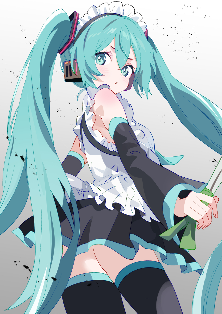 1girl absurdres alternate_costume apron aqua_eyes aqua_hair aqua_necktie ass bare_shoulders black_skirt black_sleeves black_thighhighs blush cowboy_shot detached_sleeves enmaided food frilled_apron frilled_shirt frills from_behind from_below gradient_background grey_background hair_between_eyes hair_ornament hatsune_miku headphones headset highres holding holding_food holding_vegetable hutaba_haru long_hair looking_at_viewer looking_back maid maid_apron maid_headdress miniskirt necktie parted_lips pleated_skirt shirt skirt sleeveless sleeveless_shirt solo spring_onion thighhighs twintails v-shaped_eyebrows vegetable very_long_hair vocaloid white_apron white_background white_shirt zettai_ryouiki
