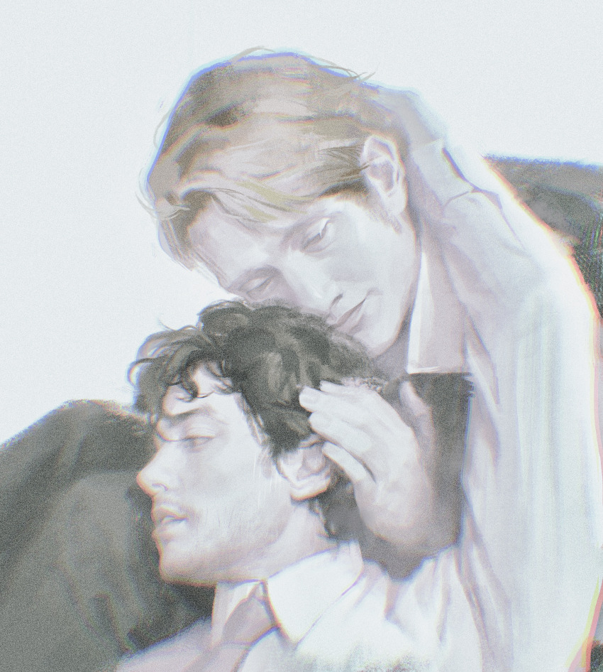 2boys absurdres beard_stubble black_hair black_jacket black_pants black_suit blonde_hair blue_eyes chinese_commentary closed_mouth collared_shirt commentary_request facial_hair fingernails formal_clothes hand_on_another&#039;s_head hannibal_(tv_series) hannibal_lecter heads_together highres jacket knees_up lap_pillow lips long_sleeves male_focus messy_hair multiple_boys mustache_stubble necktie pants parted_lips realistic red_necktie shirt short_hair simple_background sitting smile stubble suit upper_body wengonger white_background white_shirt will_graham yaoi