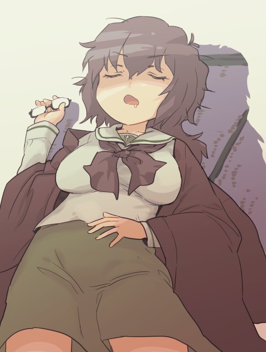1girl black_hair breasts cape closed_eyes girls_und_panzer glasses highres large_breasts long_hair monolith_(suibou_souko) ooarai_school_uniform open_mouth oryou_(girls_und_panzer) saliva school_uniform sleeping solo unworn_eyewear