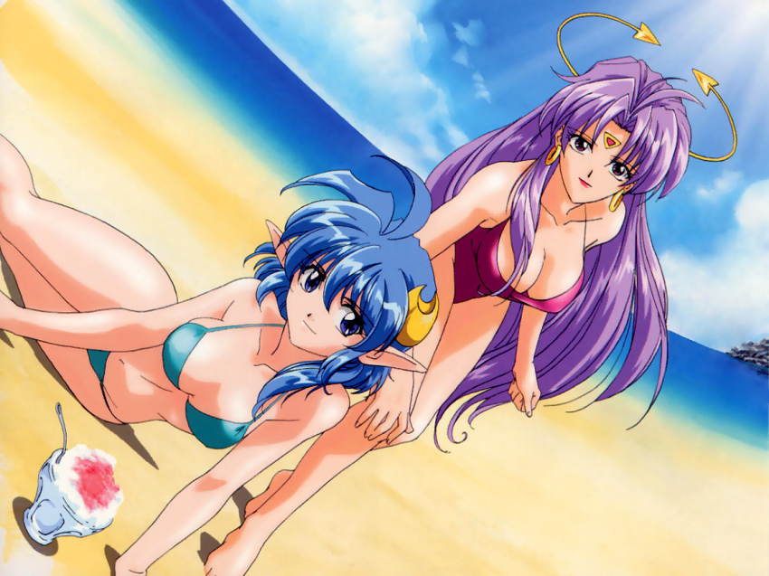 00s 2girls beach bikini blue_eyes blue_hair celine_jules crescent crescent_hair_ornament day dutch_angle earrings hair_ornament jewelry long_hair multiple_girls outdoors pointy_ears purple_eyes purple_hair rena_lanford short_hair star_ocean star_ocean_ex star_ocean_the_second_story swimsuit