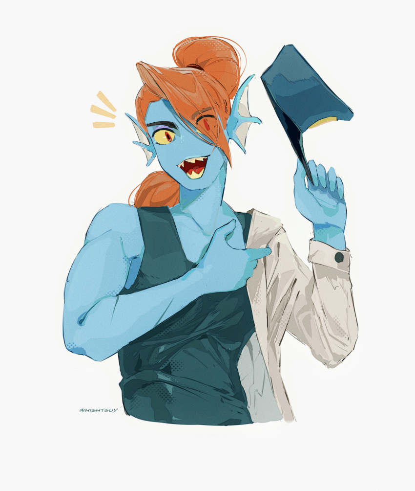 1girl :d artist_name asymmetrical_bangs bare_shoulders black_tank_top blue_hat blue_skin chief_undyne chinese_commentary coat coat_partially_removed collarbone colored_sclera colored_skin colored_teeth commentary_request cropped_torso deltarune eyes_visible_through_hair film_grain fins grey_background hair_over_one_eye halftone hands_up hat head_fins high_ponytail highres hightguy holding holding_unworn_clothes holding_unworn_hat long_hair long_sleeves looking_at_viewer no_nose notice_lines open_mouth orange_hair ponytail red_eyes sharp_teeth simple_background single_bare_arm single_bare_shoulder smile solo tank_top teeth tongue undyne unworn_hat unworn_headwear white_coat yellow_sclera yellow_teeth