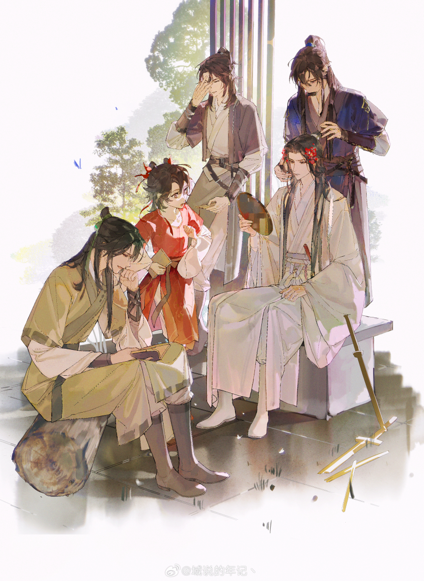 1girl 4boys absurdres black_hair black_sash blue_hanfu book boots broken broken_sword broken_weapon brown_eyes brown_hair cheng_qian chinese_clothes chinese_commentary closed_eyes closed_mouth comb double_bun flower folded_fan folding_fan full_body furrowed_brow green_ribbon grey_boots hair_bun hair_flower hair_ornament hair_ribbon half_updo han_tan han_yuan hand_fan hand_in_another&#039;s_hair hand_on_own_face hand_on_own_leg hanfu high_ponytail highres holding holding_book holding_mirror li_yun liu_yao log long_hair long_sleeves looking_at_another looking_at_mirror looking_down mirror mouth_hold multiple_boys on_bench open_mouth pants ponytail red_flower red_hanfu ribbon sash single_hair_bun sitting sitting_on_log stone_floor sword tree watermark weapon weibo_watermark white_background white_boots white_hanfu white_pants white_ribbon wide_sleeves wooden_sword yan_zhengming yellow_hanfu yu_shuo_de_nian_ji_zhu