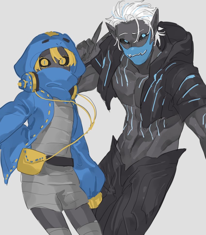 1boy 1girl alternate_form animal_hood bbbb_fex black_pants black_pantyhose black_sclera black_vest blonde_hair blue_eyes blue_hoodie brother_and_sister cobra_(animal) colored_sclera colored_skin covering_own_mouth demon_boy demon_girl gloves grey_shorts grey_skin headphones headphones_around_neck height_difference highres hood hooded_jacket hoodie humanization jacket kamen_rider kamen_rider_revice long_fingers lovekov mask mouth_mask pants pantyhose pouch shorts siblings vest vice_(kamen_rider_revice) white_hair yellow_eyes yellow_gloves