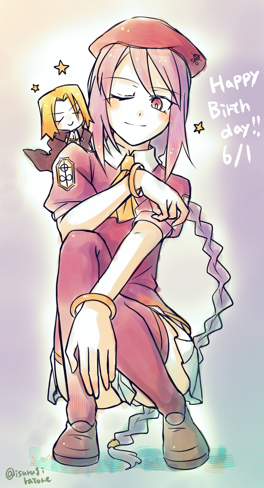 1boy 1girl absurdres ascot bangle beret birthday bracelet collared_shirt convenient_skirt happy_birthday hat highres isurugiratone jewelry loafers long_braid long_hair low-braided_long_hair low-tied_long_hair melty_blood one_eye_closed purple_hair purple_shirt purple_thighhighs red_eyes shirt shoes sion_eltnam_(type-moon) sion_eltnam_atlasia skirt smile squatting thighhighs tsukihime wallachia white_skirt yellow_ascot