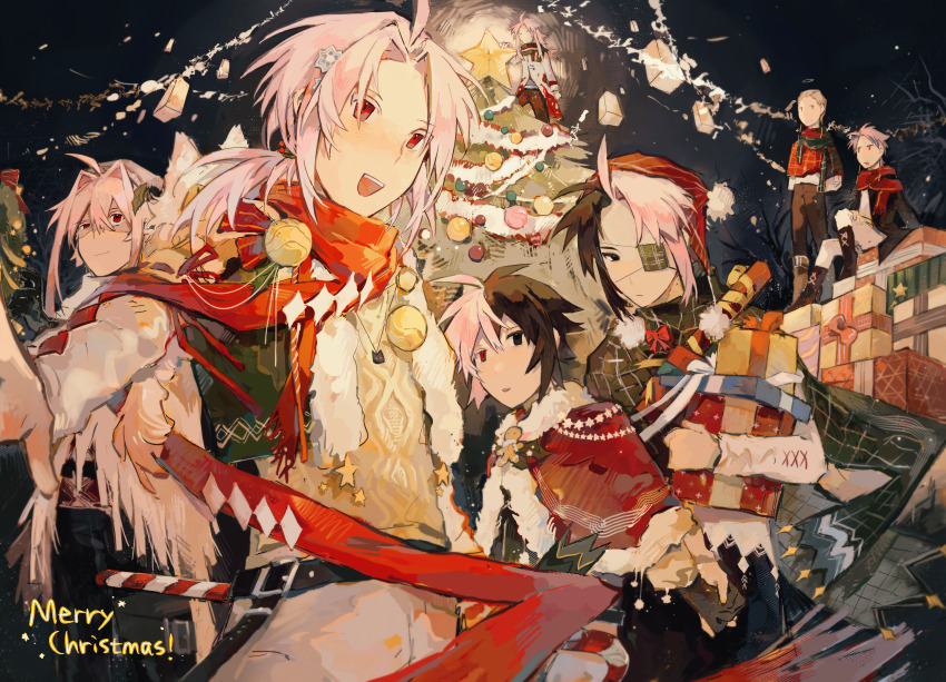 6+boys absurdres ahoge alternate_costume antenna_hair belt black_belt black_coat black_hair black_pants blonde_hair boots brown_boots candy candy_cane capelet chinese_commentary christmas christmas_present christmas_tree christmas_tree_ornament closed_eyes closed_mouth coat colored_eyelashes commentary_request curtained_hair dita_iliner earrings english_text expressionless eyepatch food fur-trimmed_capelet fur_trim gift godzylla_(saibou_shinkyoku) hair_intakes hair_ornament halo hatsutori_hajime heterochromia highres holding holding_candy holding_candy_cane holding_food holding_gift jacket jewelry lei_renqun_xing_shanyao_shi male_focus merry_christmas multicolored_hair multiple_boys mutsushika_misumi nanami_izu night nijou_ryuu open_clothes open_coat open_jacket open_mouth outdoors pants parted_bangs patchwork_skin pink_hair plaid_capelet plaid_clothes red_capelet red_eyes red_scarf rumeld_othmayer saibou_shinkyoku scarf shirt short_hair_with_long_locks sitting smile split-color_hair star_(symbol) star_hair_ornament sweater teeth theodore_riddle tinsel tree-topper two-tone_hair uneven_eyes upper_teeth_only white_coat white_jacket white_pants white_shirt yellow_sweater