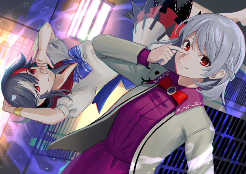 2girls akagi_kurage arms_up beige_jacket black_hair blush breasts brooch chromatic_aberration closed_mouth cowboy_shot dress eyebrows_hidden_by_hair finger_to_own_nose floating grey_horns hair_between_eyes hand_up highres horns jewelry kijin_seija kishin_sagume light long_sleeves looking_at_viewer lying medium_breasts medium_hair multicolored_hair multiple_girls nose_blush on_side overexposure puffy_short_sleeves puffy_sleeves purple_dress red_eyes shirt short_sleeves smile streaked_hair touhou white_shirt