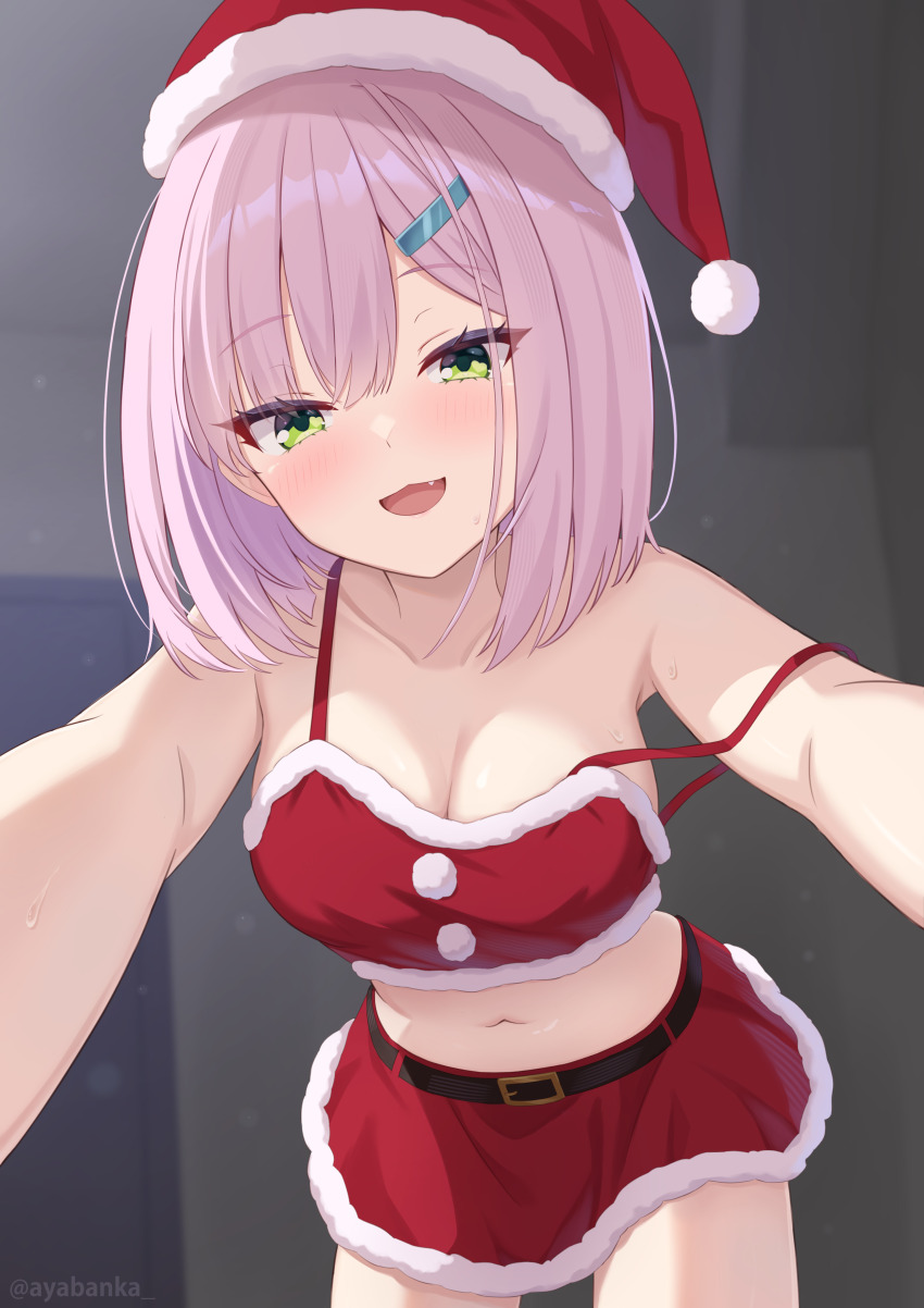 1girl absurdres ayabanka blush breasts cleavage commentary_request crop_top fang from_below fur-trimmed_headwear fur-trimmed_skirt fur_trim green_eyes hair_ornament hairclip hat highres large_breasts looking_at_viewer medium_hair miniskirt navel open_mouth pink_hair red_skirt santa_costume santa_hat skirt smile solo stomach strap_slip tanikaze_amane tenshi_souzou_re-boot! twitter_username