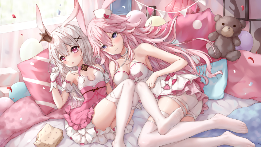 2girls animal_ears bare_arms bare_shoulders breasts camisole cleavage closed_mouth commentary_request criss-cross_halter crown detached_sleeves dress gloves grey_hair hair_between_eyes hair_ornament hairclip halterneck hand_up highres honkai_(series) honkai_impact_3rd long_hair looking_at_viewer medium_breasts mini_crown multiple_girls no_shoes parted_lips pennant pillow pink_dress pink_hair puffy_short_sleeves puffy_sleeves purple_eyes rabbit_ears short_shorts short_sleeves shorts string_of_flags stuffed_animal stuffed_toy teddy_bear theresa_apocalypse theresa_apocalypse_(magic_girl_teriri) theresa_apocalypse_(sakuno_rondo) thighhighs tilted_headwear very_long_hair white_camisole white_gloves white_shorts white_sleeves white_thighhighs x_hair_ornament yae_sakura yae_sakura_(gyakushinn_miko) yae_sakura_(summer_sakura) yutian_alice