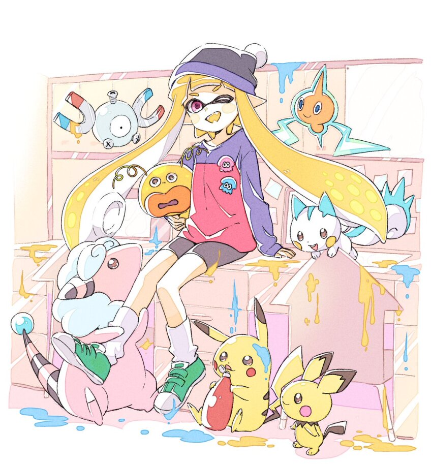 1girl animal beanie black_hat blonde_hair colored_tongue crossover fangs flaaffy full_body gen_1_pokemon gen_2_pokemon gen_4_pokemon green_shoes grey_shorts hat highres holding holding_animal inkling inkling_girl inkling_player_character ketchup_bottle long_hair long_sleeves looking_at_viewer magnemite nintendo one_eye_closed open_mouth pachirisu paint_splatter pichu pikachu pink_eyes pink_shirt pointy_ears pokemon pokemon_(creature) pom_pom_(clothes) pom_pom_beanie purple_shirt rotom sen_squid shirt shoes shorts sitting smile sneakers socks splatoon_(series) tentacle_hair third-party_source two-tone_shirt white_socks yellow_tongue zapfish