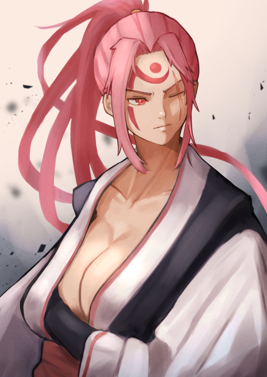 1girl absurdres ametsuchidoji baiken breasts center_opening cleavage facial_tattoo guilty_gear highres japanese_clothes kimono long_hair long_sleeves looking_to_the_side one_eye_closed pink_eyes pink_hair pink_tattoo ponytail scar scar_across_eye scar_on_face solo tattoo