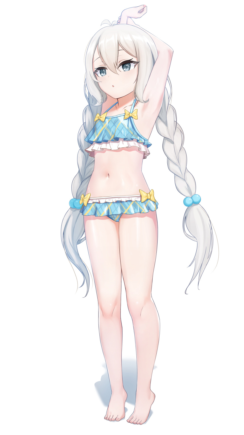 1girl absurdres armpits arms_up barefoot bikini bikini_skirt bow bow_bikini braid frilled_bikini frills full_body grey_eyes hair_bobbles hair_ornament hanba_rou highres kokkoro_(princess_connect!) kokkoro_(real)_(princess_connect!) long_hair navel parted_lips plaid_bikini plaid_clothes princess_connect! solo stretching swimsuit tiptoes twin_braids very_long_hair white_background white_hair