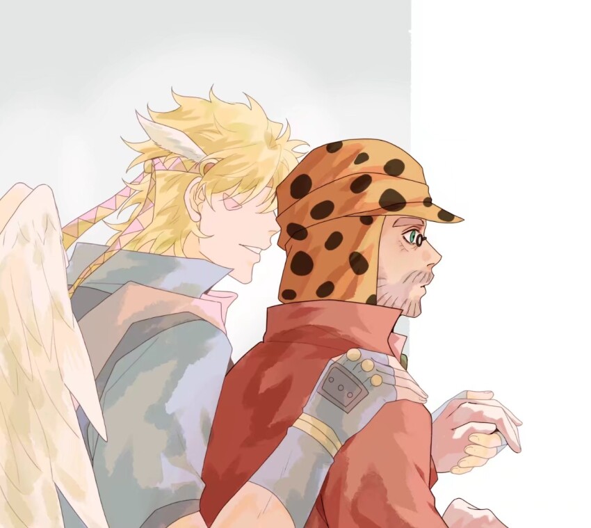 2boys angel battle_tendency beard blonde_hair bomber_hat caesar_anthonio_zeppeli diamond_wa_kudakenai facial_hair facial_mark feather_hair_ornament feathers fingerless_gloves ghost gloves green_eyes grey_hair hair_ornament hair_over_eyes headband holding_hands jo_jun jojo_no_kimyou_na_bouken joseph_joestar joseph_joestar_(old) male_focus multiple_boys old old_man polka_dot_headwear triangle_print wings