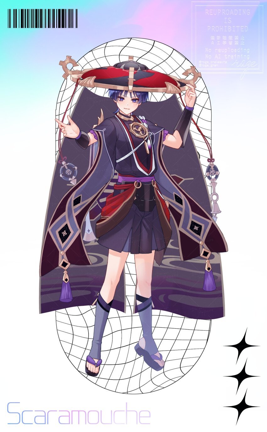 1boy absurdres armor artist_name barcode black_bodysuit black_hat black_kimono black_mask black_sandals black_shorts black_sleeves blunt_ends bodysuit closed_mouth eyeliner eyeshadow frilled_sleeves frills full_body furisode furrowed_brow genshin_impact gold gold_trim grey_leggings grey_veil hands_up hat highres japanese_armor japanese_clothes jewelry jingasa juban kimono kote kurokote layered_shorts layered_sleeves leggings light_frown makeup male_focus mandarin_collar mask_on_hat mitsudomoe_(shape) neck_ring o-ring open_clothes open_hand open_kimono purple_eyes purple_hair purple_rope purple_sash purple_sleeves red_eyeliner red_eyeshadow red_hat red_kimono red_sash roge_gnsn rope sandals sash scaramouche_(genshin_impact) shimenawa short_sleeves shorts signature smile solo stirrup_legwear tassel toeless_legwear toenails toes tomoe_(symbol) tsurime two-tone_hat veil watermark watermark_grid white_kimono white_rope wispy_bangs zouri