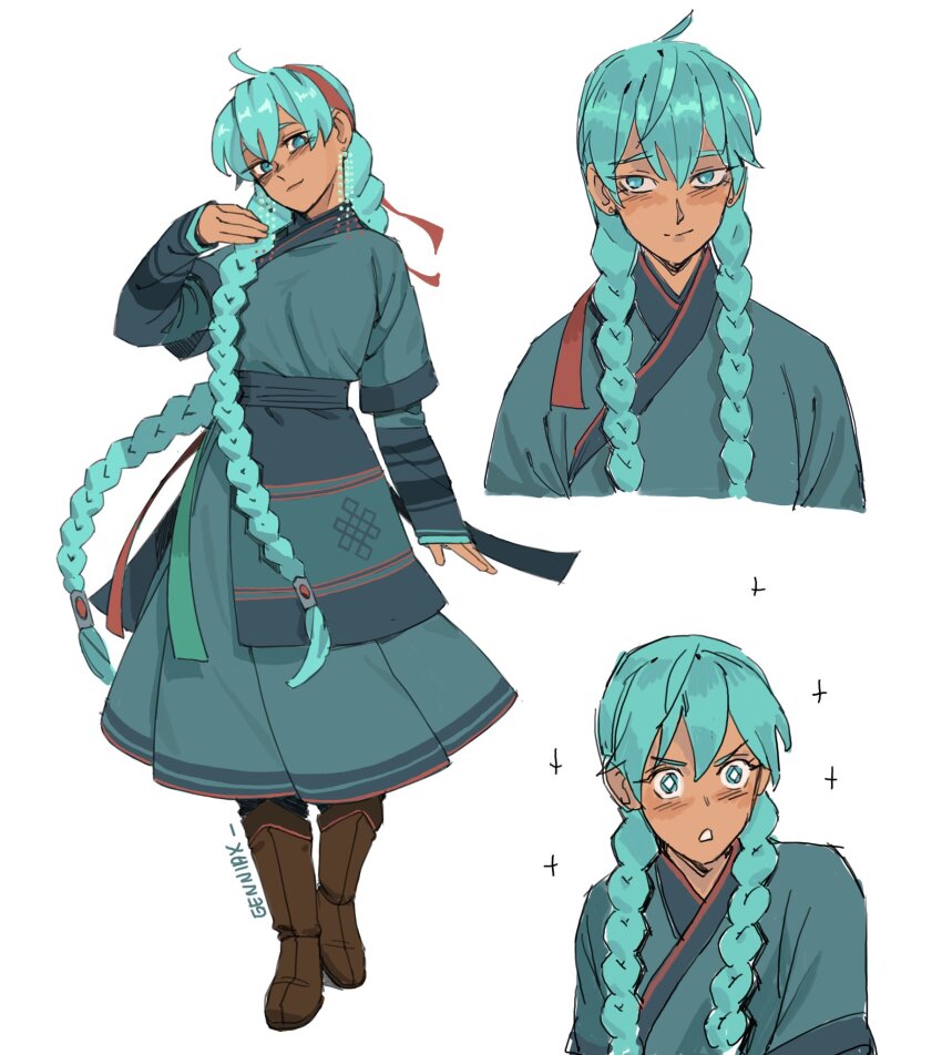 +_+ 1girl aqua_dress aqua_eyes aqua_hair boots braid brown_footwear commentary dress earrings english_commentary floating_hair full_body genniax hairband hatsune_miku highres jewelry long_hair low_twin_braids mongolian_clothes multiple_views red_hairband sketch sparkle twin_braids very_long_hair vocaloid white_background worldwide_miku
