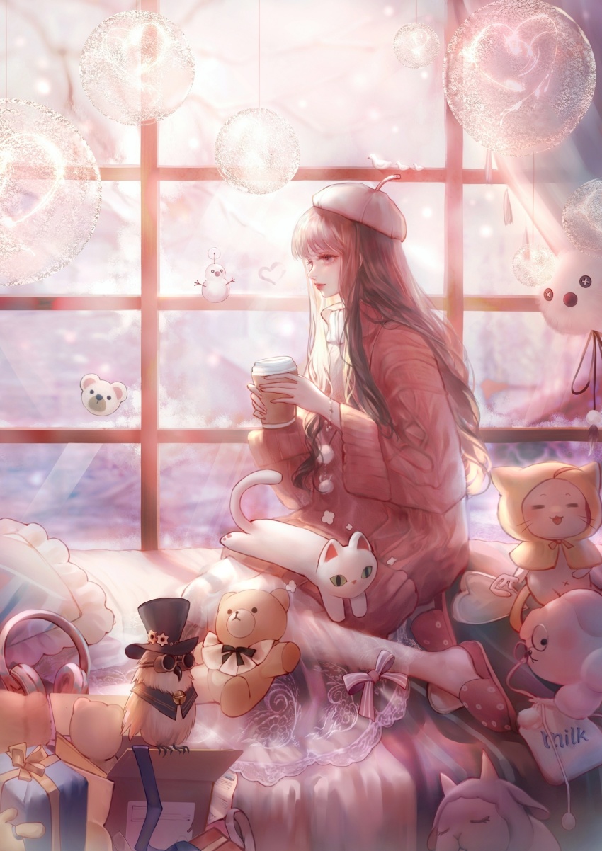 1girl =_= absurdres ahoge animal beret bow bowtie bracelet brown_eyes brown_hair cat chinese_commentary cloak closed_mouth clothed_animal commentary_request cup disposable_cup dress drink ear_covers expressionless eyelashes fingernails floral_print full_body happy hat headphones heart highres holding holding_drink hood hood_up hooded_cloak jewelry jiaopiupiu kneeling light_blush light_rays lipstick long_hair long_sidelocks long_sleeves looking_outside makeup momo_(nikki) navel nikki_(nikki) nikki_(series) nostrils open_mouth orange_bow orange_bowtie pantyhose pillow pink_dress pink_slippers pointy_nose pom_pom_(clothes) red_lips shining_nikki short_dress sidelocks slippers smile snowman steam stuffed_animal stuffed_cat stuffed_dog stuffed_owl stuffed_toy sunlight sweater sweater_dress teddy_bear turtleneck turtleneck_sweater unworn_headphones very_long_hair whiskers white_cat white_hat white_pantyhose wide_sleeves winter yellow_cloak