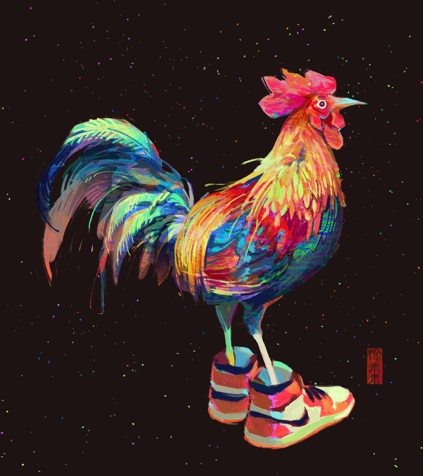 absurdres animal animal_focus artist_logo artist_name beak bird brown_background chicken commentary english_commentary feathers from_side highres logo no_humans original realistic red_shoes shoes simple_background sneakers solo weiwei_(peevishpants)